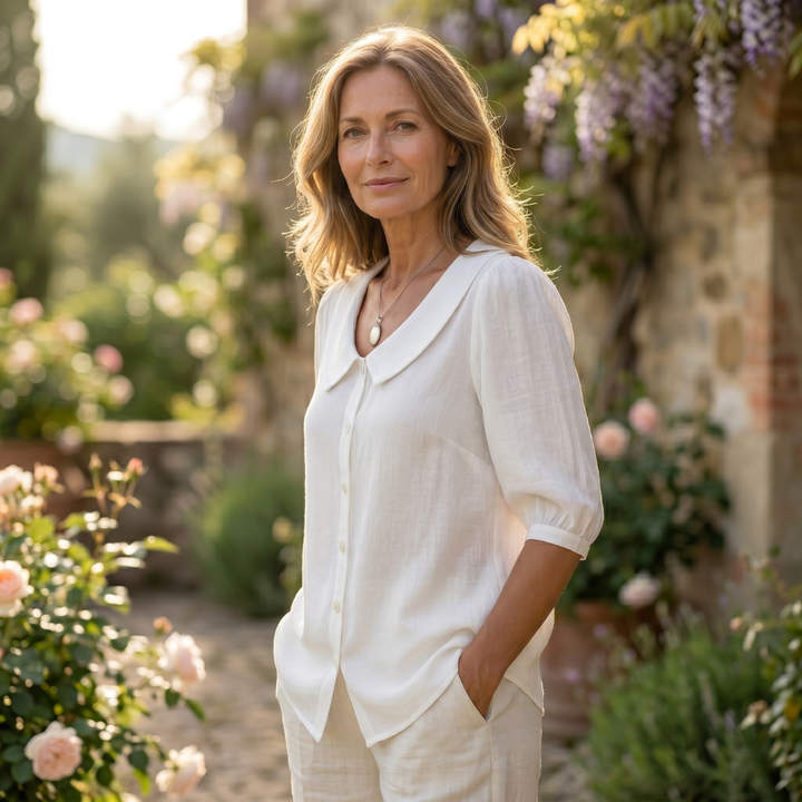 Emma & Rose Cape Town Alessia lightweight cotton chemisier with an elegant collar, displayed on a model.