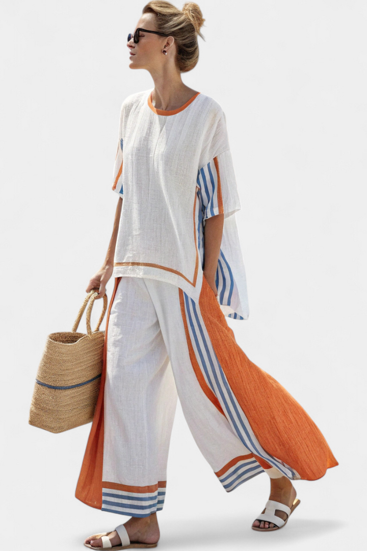 Emma & Rose Cape Town Anzaleira™ elegant striped clothing set in orange, featuring stylish design and comfortable fit.