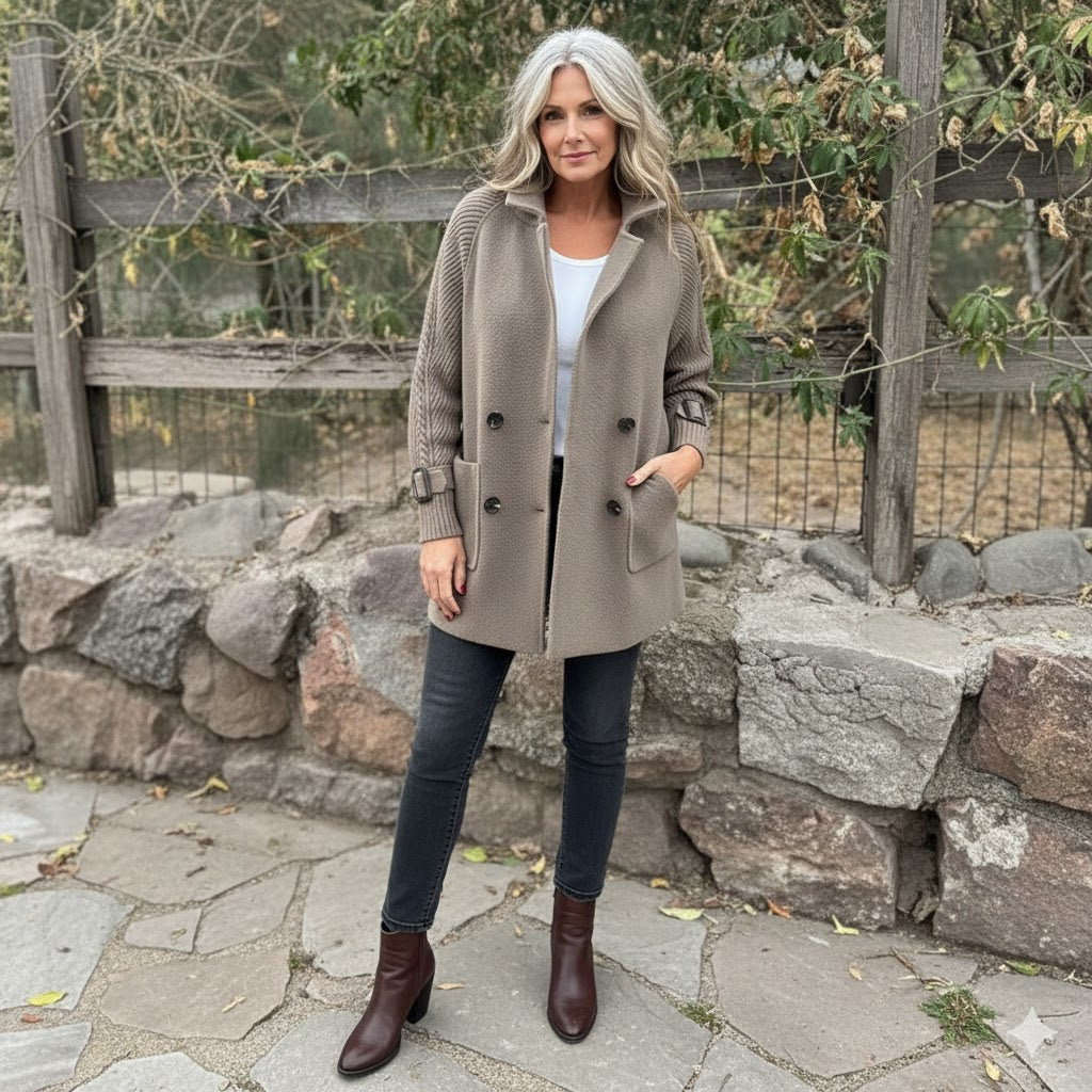 Taupe Emma & Rose Cape Town Vaesa™ sophisticated coat with tailored fit and stylish lapels, perfect for elegant winter wear.