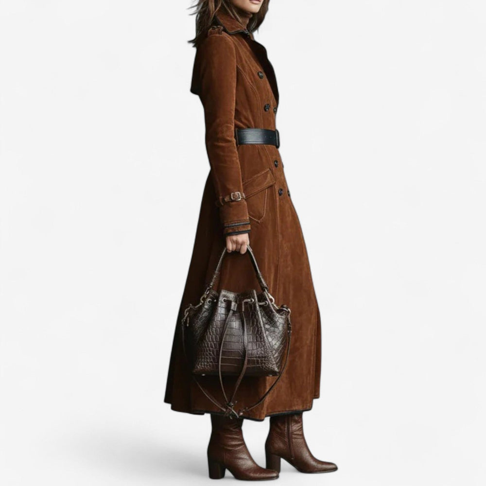 Dark brown Nathaly™ velvety trench coat by Emma & Rose Cape Town, showcasing soft luxurious fabrics and classic trench design.