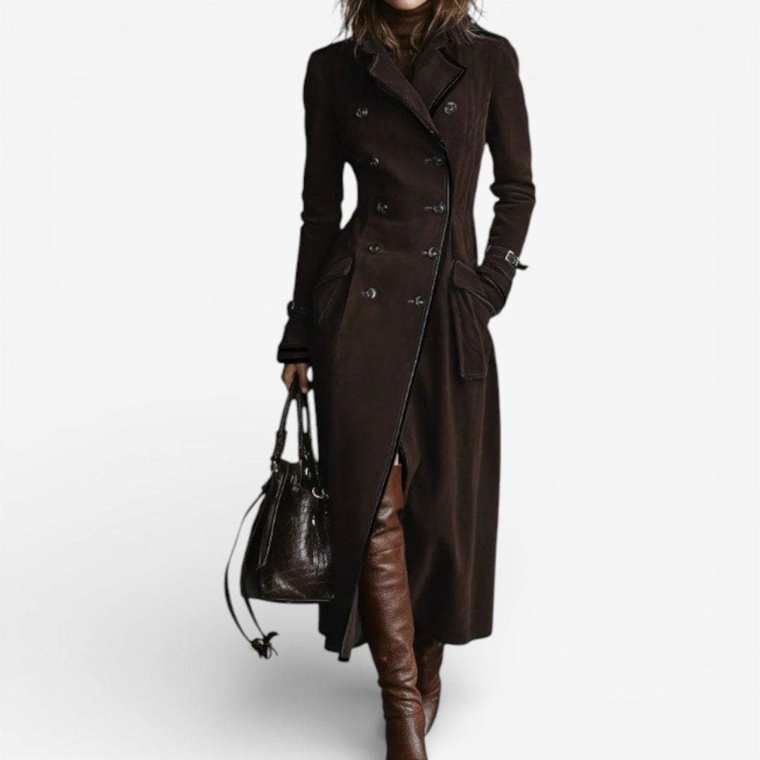 Dark brown Nathaly™ velvety trench coat from Emma & Rose Cape Town, stylish coat with a smooth, velvety texture and classic silhouette.