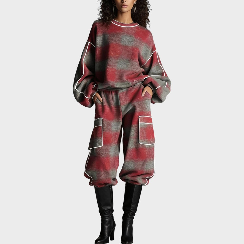 Valéria™ Emma & Rose Cape Town red jersey trouser set with soft, luxurious fabrics, featuring a stylish matching top and pants.