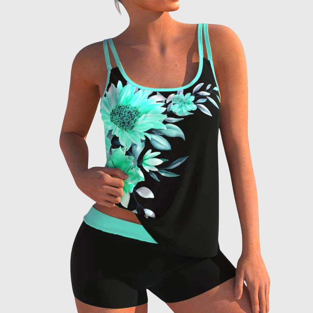 Flor™ Floral Tankini Shorts by Emma & Rose Cape Town, showing colorful, lightweight swimwear with a comfortable fit and floral pattern.