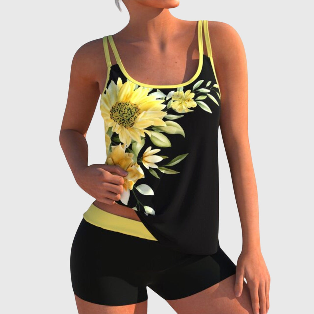 Flor™ Floral Tankini Shorts by Emma & Rose Cape Town, featuring a comfortable tummy control design and vibrant floral pattern.