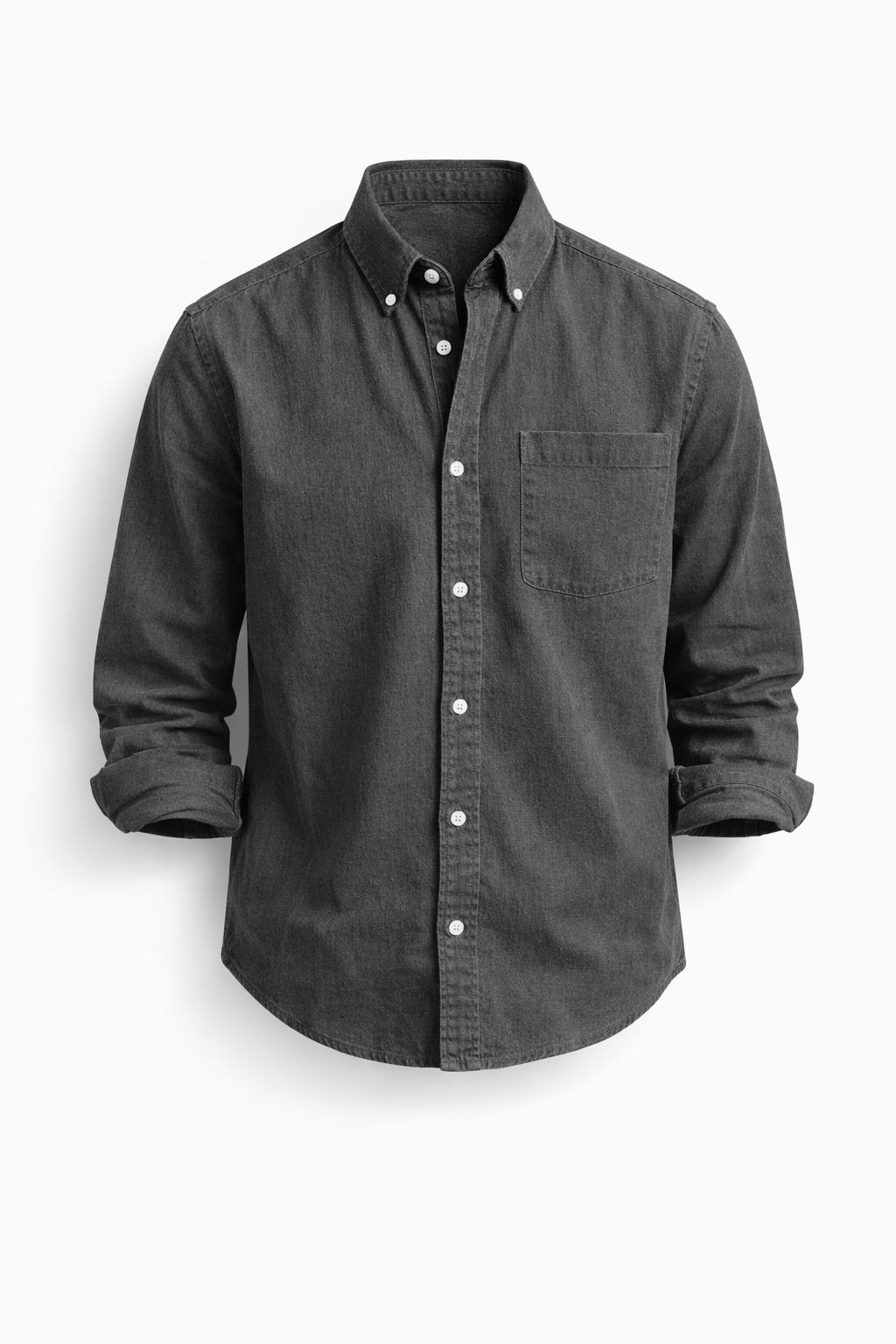 Keldros™ casual-chic gray shirt by Emma & Rose Cape Town, featuring a relaxed fit and stylish design, shown on a model.