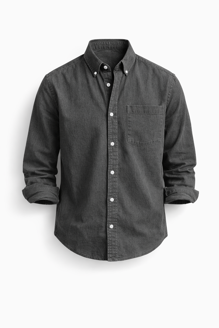 Keldros™ casual-chic gray shirt by Emma & Rose Cape Town, featuring a relaxed fit and stylish design, shown on a model.