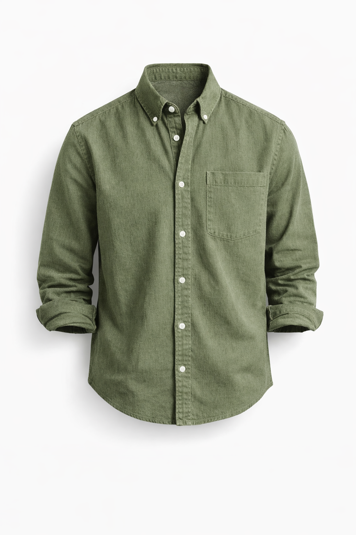 Emma & Rose Cape Town Keldros™ casual-chic green shirt with a relaxed fit and stylish design, displayed on a hanger.