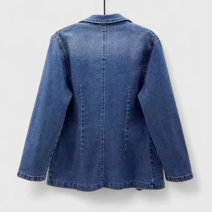 Emma & Rose Cape Town Rae™ elegant denim blue jacket on a model, showcasing stylish design and tailored fit.