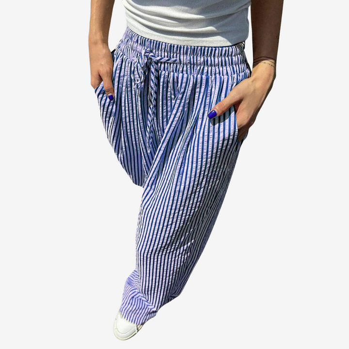 Emma & Rose Cape Town Zara striped casual trousers, brown and white, relaxed fit, lightweight fabric, stylish and comfortable.