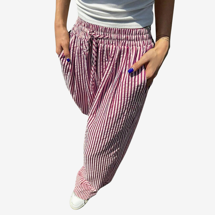 Emma & Rose Cape Town Zara™ striped casual trousers, brown fabric with stylish vertical stripes, perfect for relaxed wear.