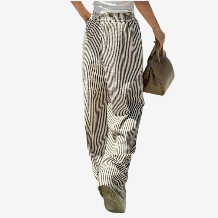 Emma & Rose Cape Town Zara striped casual trousers, brown and white, featuring a relaxed fit and comfortable fabric.