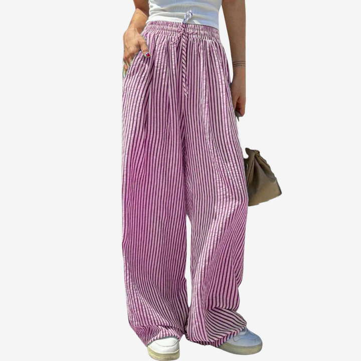 Emma & Rose Cape Town Zara striped casual trousers in brown, styled as relaxed dress pants with a comfortable fit.