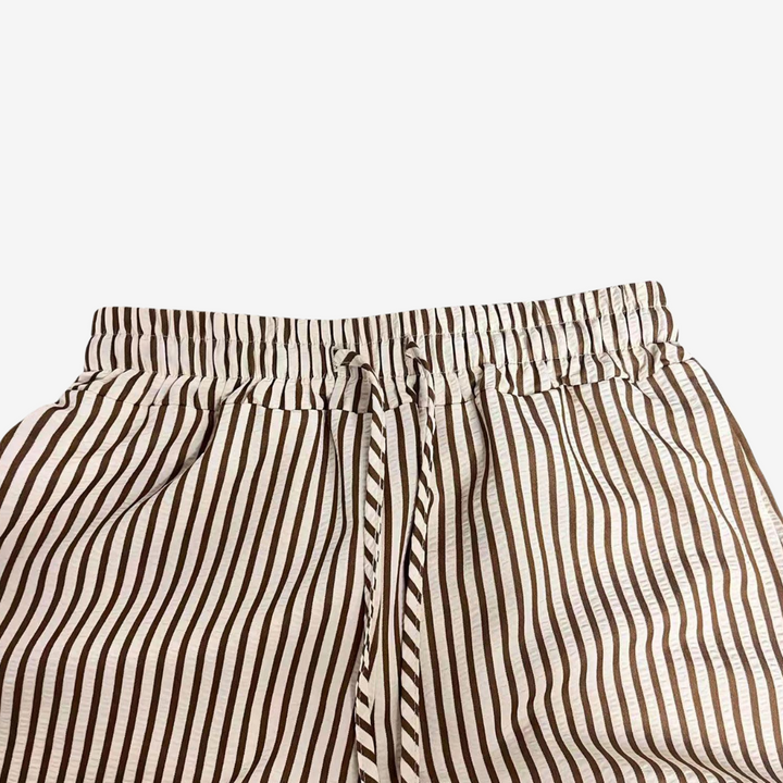 Emma & Rose Cape Town Zara™ striped casual trousers, brown and white, relaxed fit with vertical stripe pattern, casual wear.