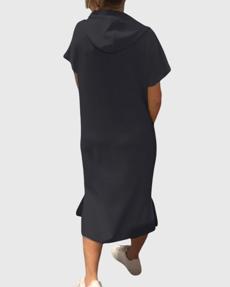 Orange Marlowe™ casual hoodie dress by Emma & Rose Cape Town, lightweight with a relaxed fit and hood, shown on a model.
