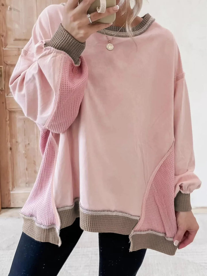 Dusty pink Emma & Rose Cape Town color block mix texture waffle patchwork oversized sweatshirt laid flat.