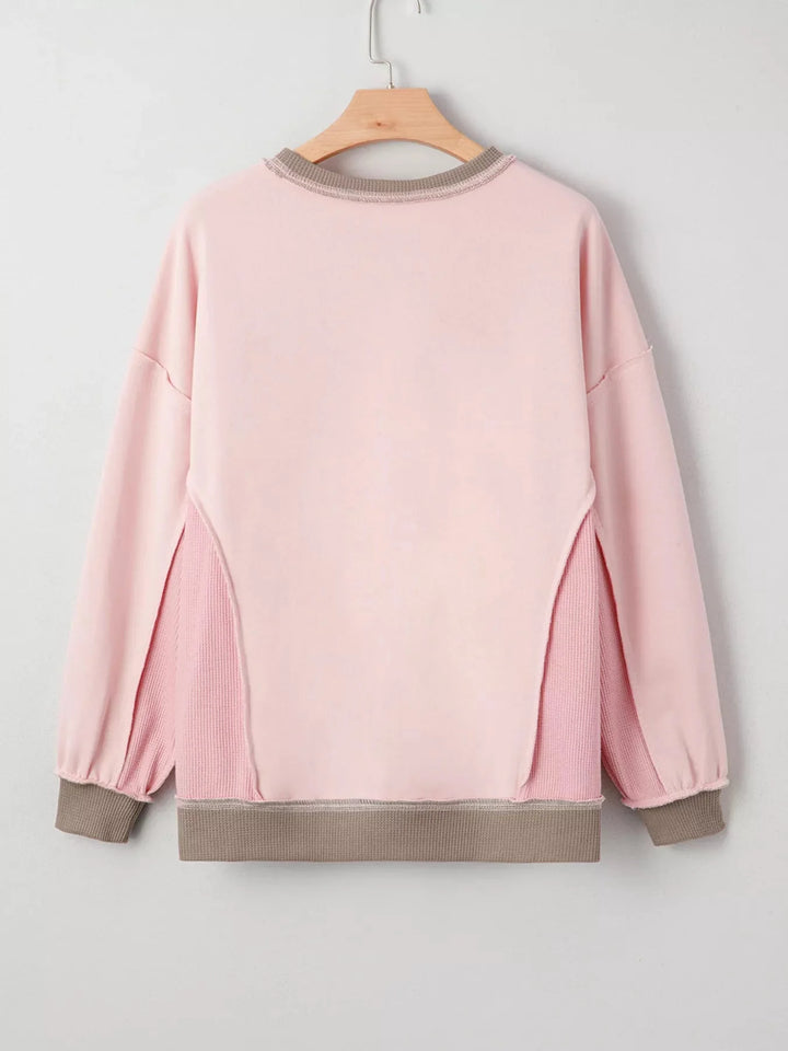 Dusty pink color block mix texture waffle patchwork oversized sweatshirt by Emma & Rose Cape Town, casual and cozy style.