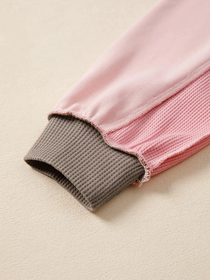 Dusty pink Emma & Rose Cape Town oversized sweatshirt with color block, mix texture, and waffle patchwork design.