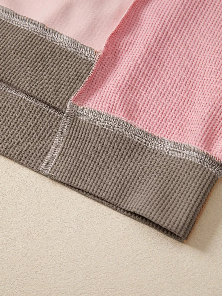 Dusty pink Emma & Rose Cape Town oversized sweatshirt with color block, mix texture waffle patchwork design.