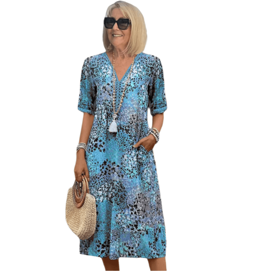 Beige Maeva™ Casual V-neck Dress by Emma & Rose Cape Town, lightweight fabric, relaxed fit, stylish everyday fashion.