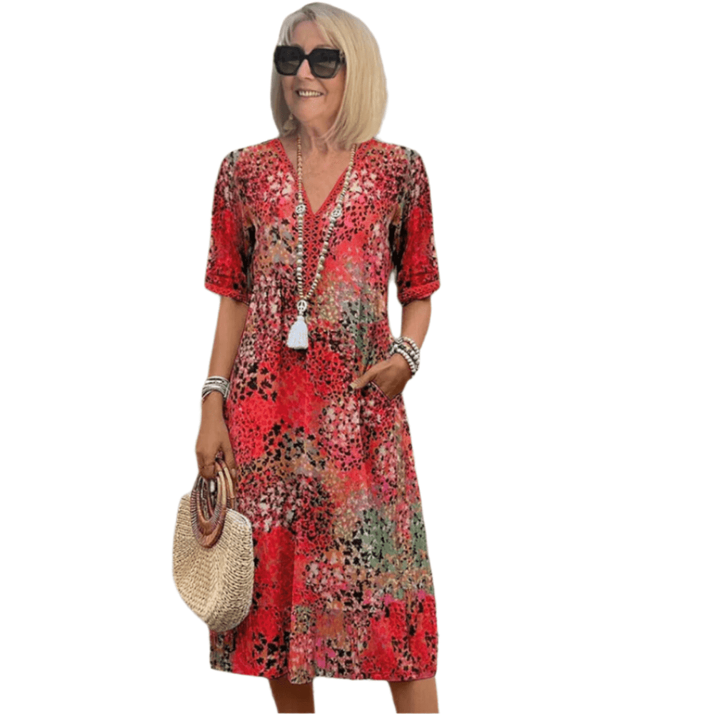 Beige Maeva™ casual V-neck dress by Emma & Rose Cape Town, featuring a relaxed fit and stylish design.