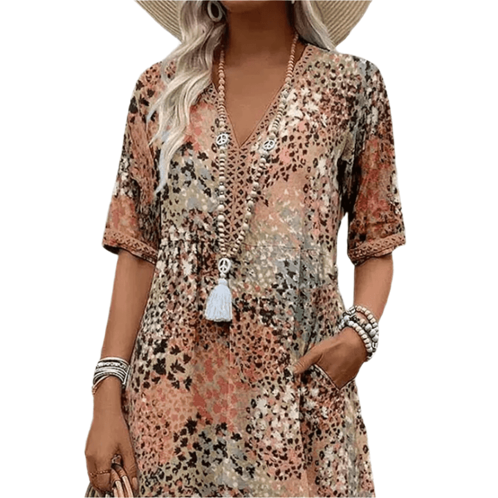 Beige Maeva™ casual V-neck dress by Emma & Rose Cape Town, stylish and comfortable for everyday wear.