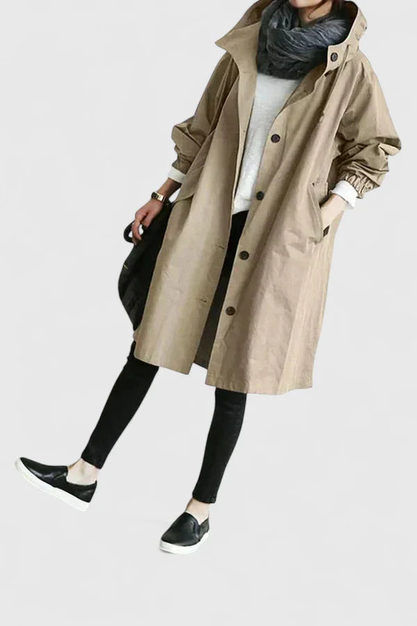 Light grey Iva™ Comfortable Coat by Emma & Rose Cape Town, shown on a model, featuring a cozy, stylish design with a relaxed fit.