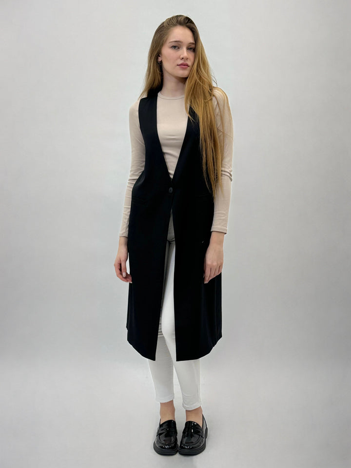 Black Quinn long waistcoat by Emma & Rose Cape Town featuring button closure, tailored fit, and stylish design.