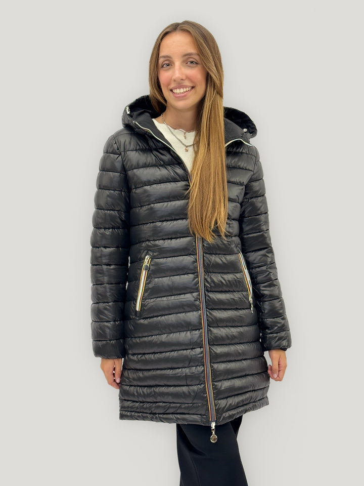 Emma & Rose Cape Town Carien™ reversible double face coat in black, showing the stylish, double-sided design and tailored fit.