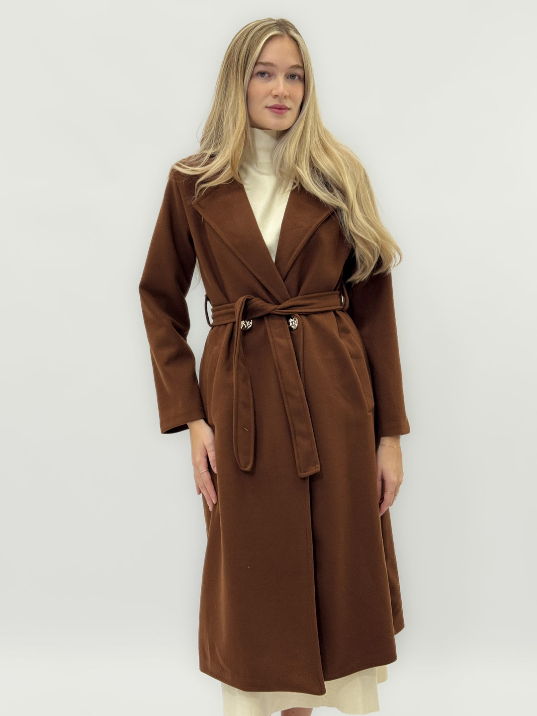 Black Fleur™ Emma & Rose Cape Town long coat with belt, stylish and warm outerwear designed for chilly weather.
