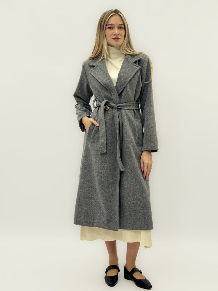 Black Fleur Emma & Rose Cape Town long coat with belt, showcasing warm, stylish outerwear with a sleek design.