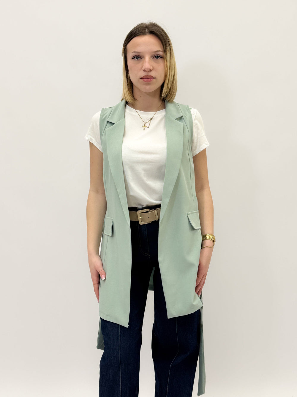 Black Plain™ Gilet Belt from Emma & Rose Cape Town, featuring a stylish, lightweight sleeveless jacket with belt detail.