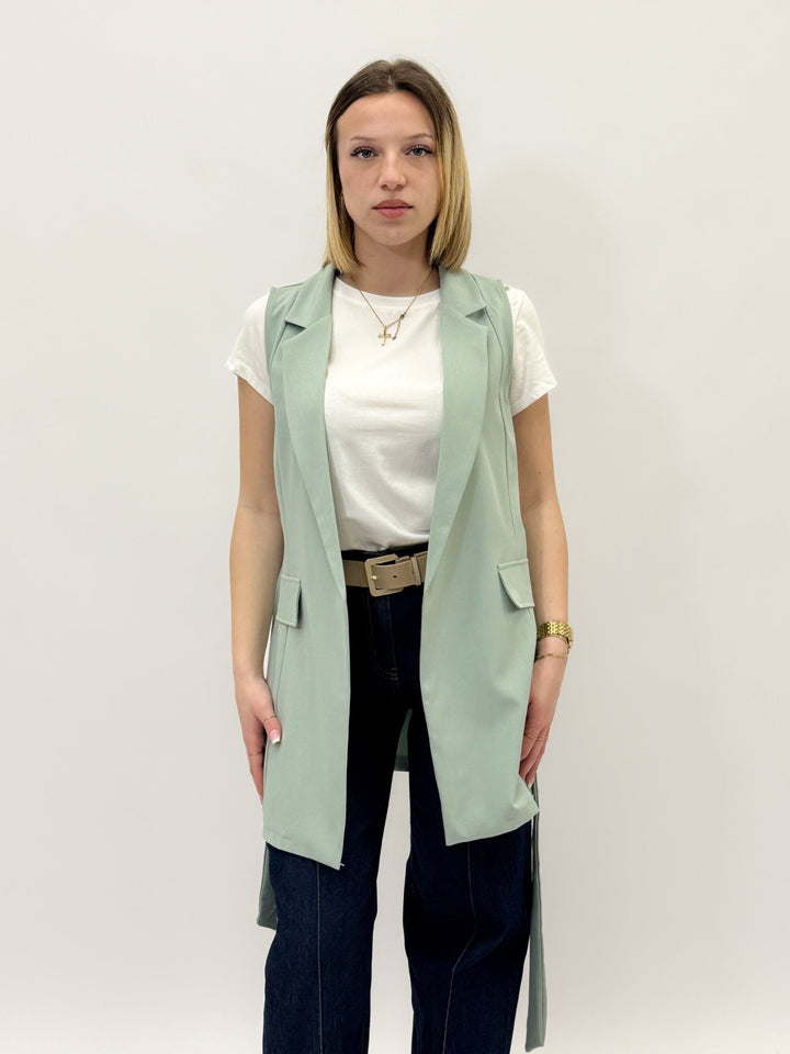 Black Plain™ Gilet Belt from Emma & Rose Cape Town, featuring a stylish, lightweight sleeveless jacket with belt detail.