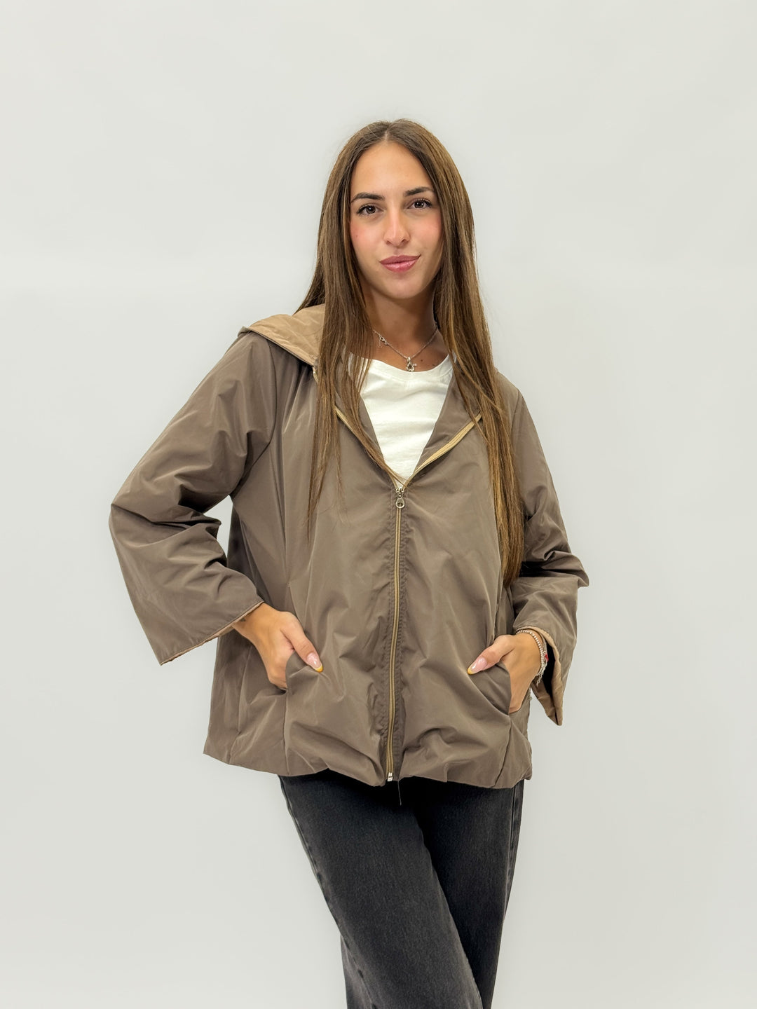 Emma & Rose Cape Town Winnie hooded jacket with beige lining, stylish outerwear featuring a cozy hood and modern design.
