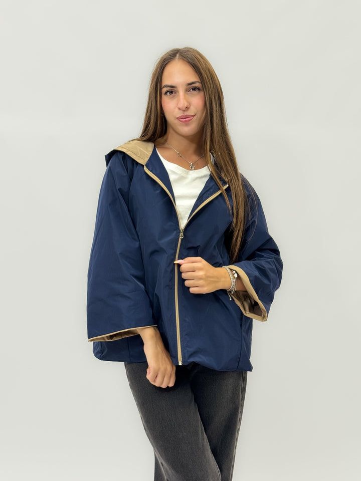 Winnie™ hooded jacket by Emma & Rose Cape Town in beige with black exterior and cozy beige lining, stylish and warm.