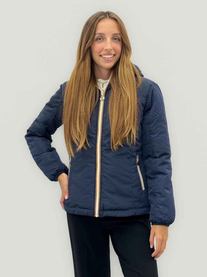 Reversible Emma & Rose Cape Town padded jacket hood in blue and fuchsia, showcasing its stylish, padded design and vibrant colors.