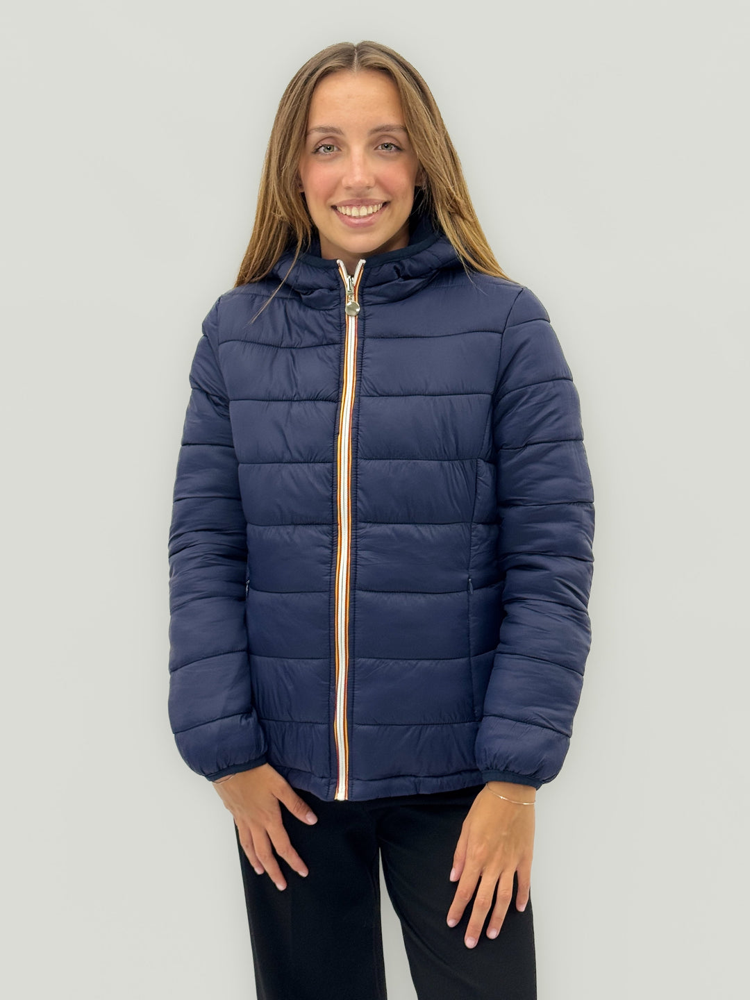 Reversible Emma & Rose Cape Town padded jacket with hood, blue and fuchsia color, lightweight and warm for women.