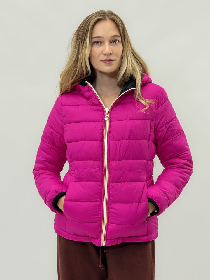 Reversible Emma & Rose Cape Town padded jacket with hood in blue and fuchsia, showing both sides of the stylish giacca.