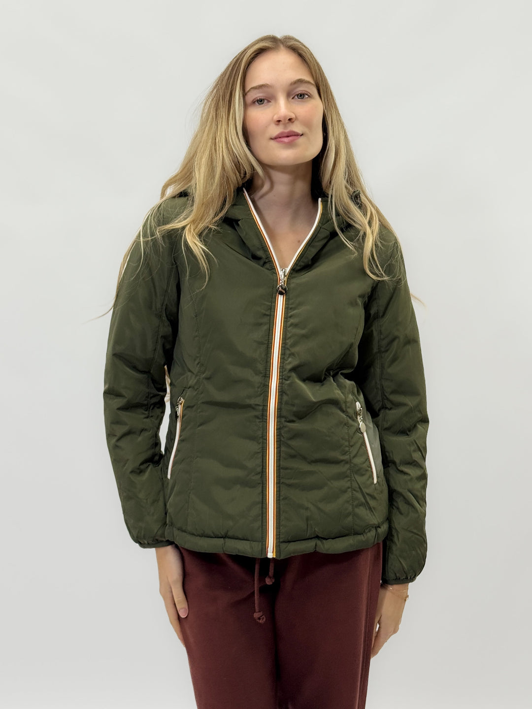 Reversible Emma & Rose Cape Town padded jacket hood in blue and fuchsia, showcasing a stylish, warm outerwear design.