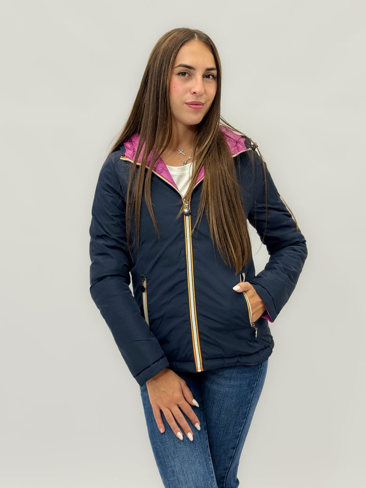Reversible Emma & Rose Cape Town padded jacket with hood in blue and fuchsia, showcasing its stylish, dual-color design.