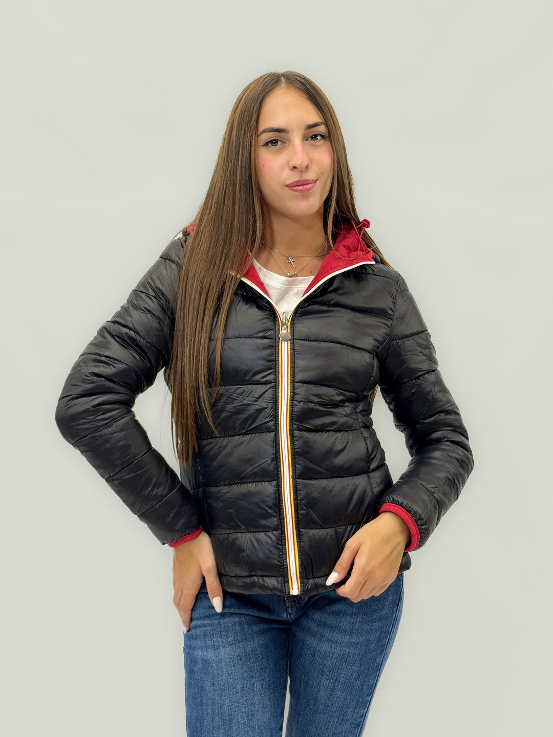 Reversible Emma & Rose Cape Town padded jacket with hood in blue and fuchsia, showcasing a stylish, insulated winter outerwear.