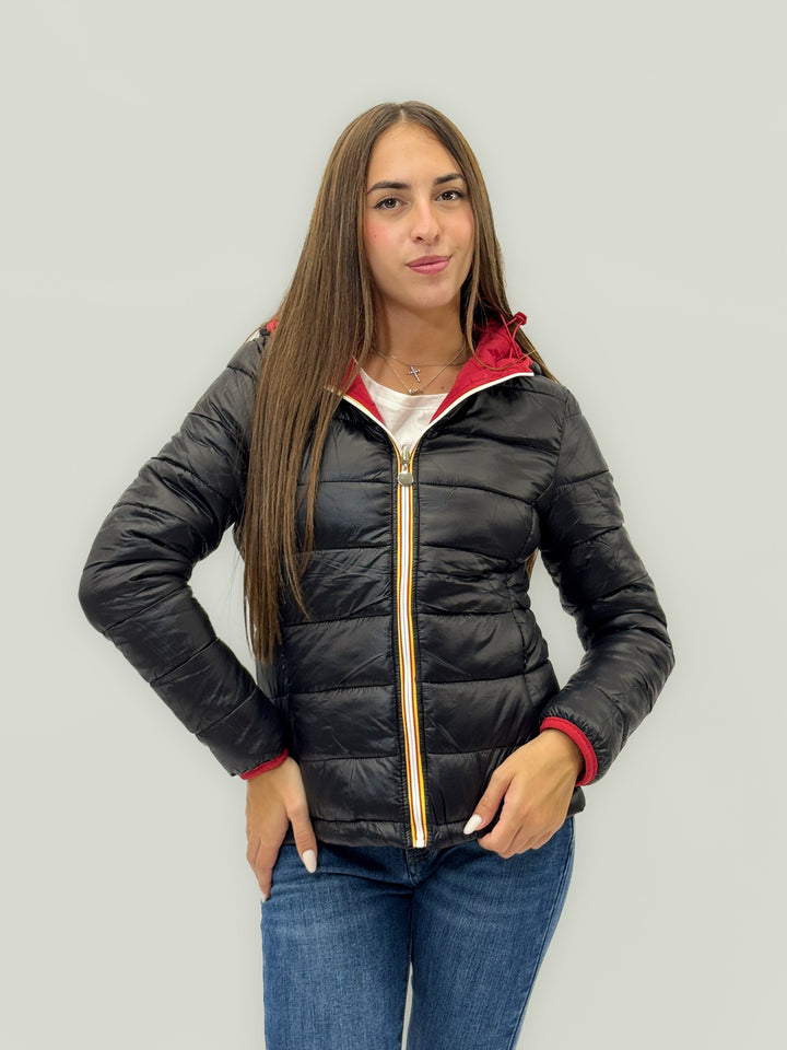 Reversible Emma & Rose Cape Town padded jacket with hood in blue and fuchsia, showcasing a stylish, insulated winter outerwear.