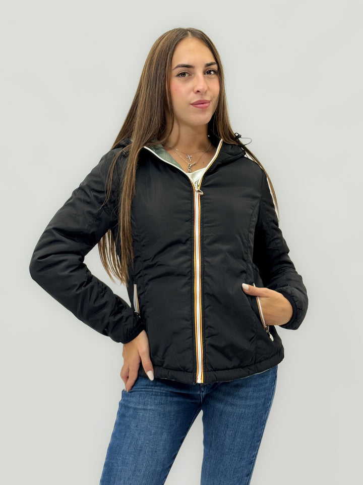 Reversible Emma & Rose Cape Town padded jacket with hood in blue and fuchsia, showcasing its vibrant, reversible design.
