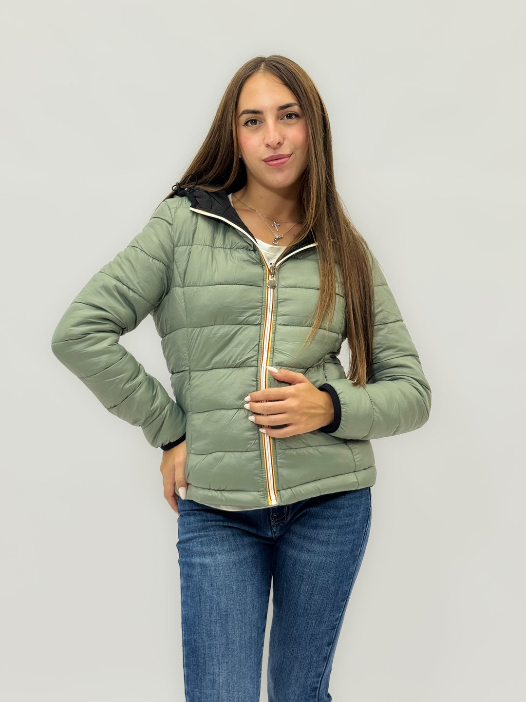 Reversible Emma & Rose Cape Town padded jacket hood in blue and fuchsia, showcasing lightweight, warm, and stylish winter outerwear.