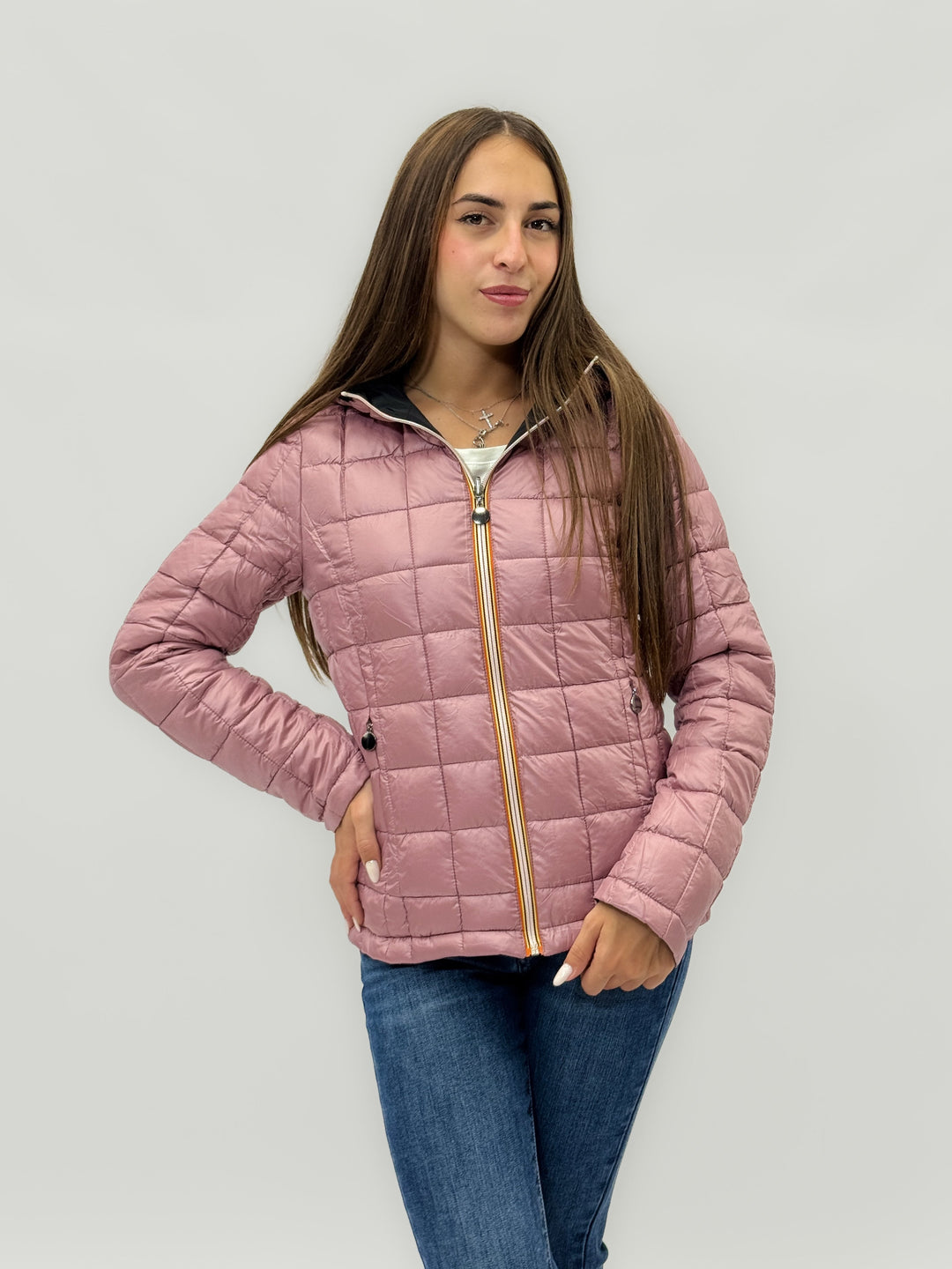 Reversible Emma & Rose Cape Town padded jacket hood in blue and fuchsia, featuring a cozy, padded design with a hood.