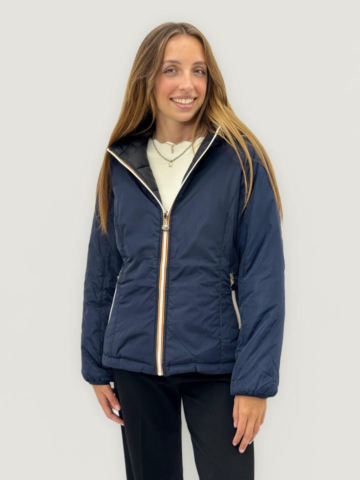 Reversible Emma & Rose Cape Town padded jacket hood in blue and fuchsia, showing both sides of the stylish winter jacket.