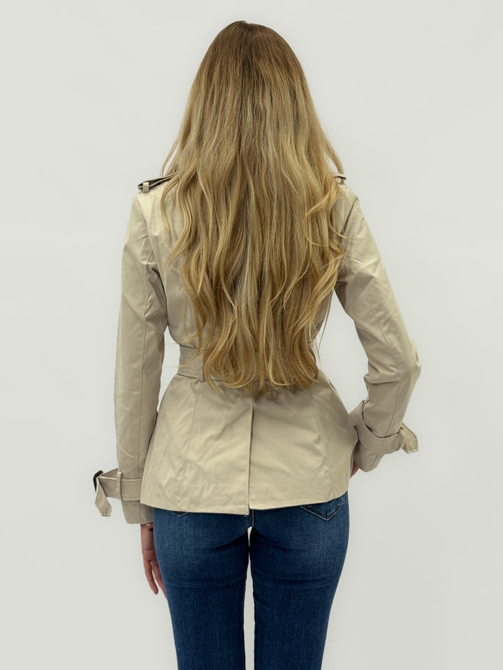 Blue Elke™ short trench coat by Emma & Rose Cape Town with a belt, stylish lightweight giacche for a chic look.