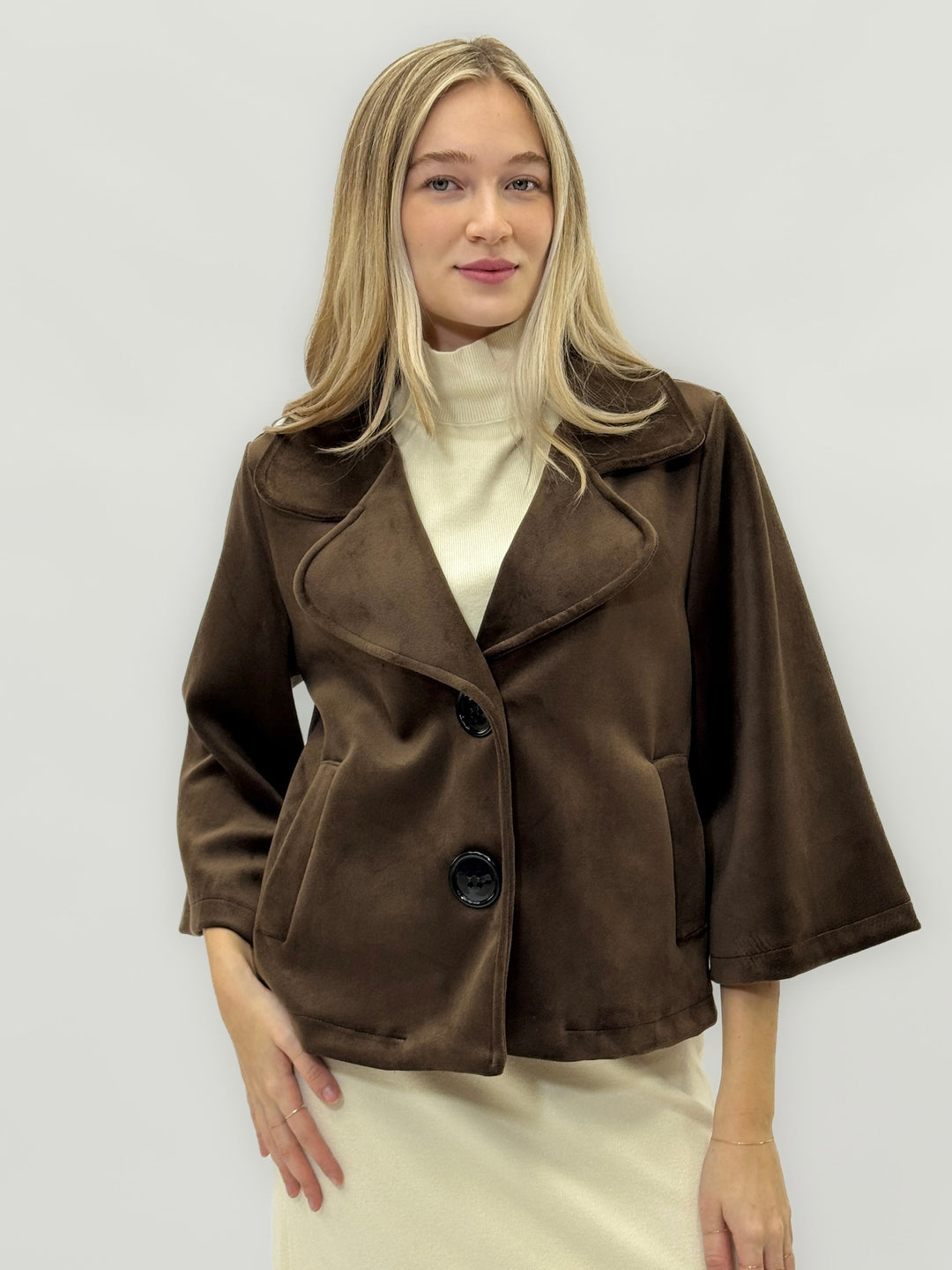 Emma & Rose Cape Town Hanneke short brown jacket with soft, luxurious fabrics and a smooth, plush texture.