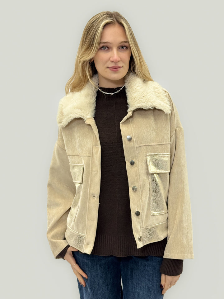 Emma & Rose Cape Town Phaedra brown jacket with soft luxurious fabrics and a bold gold pocket detail.