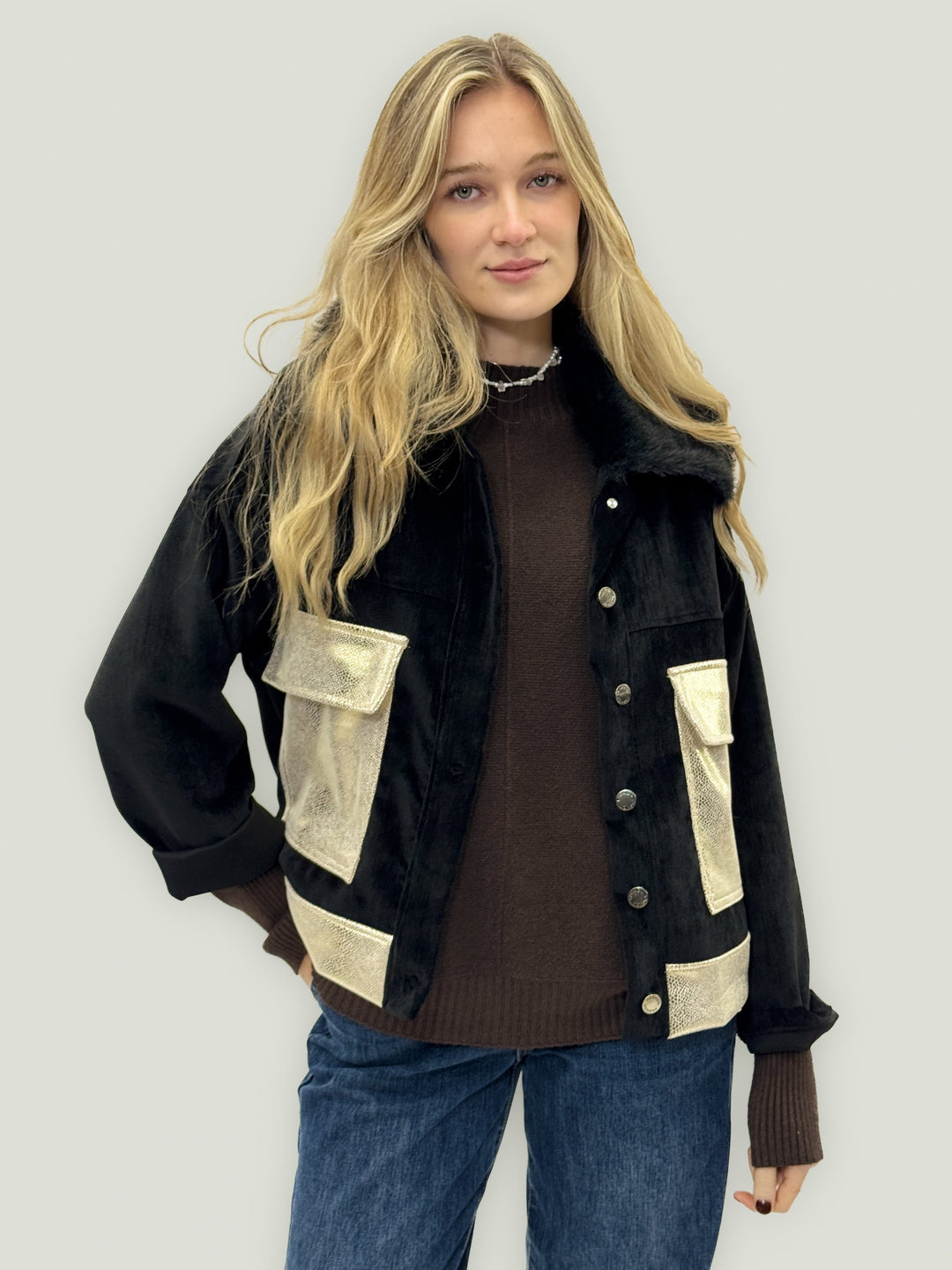 Emma & Rose Cape Town Phaedra brown jacket with soft luxurious fabrics, gold pocket detail, and bold style.