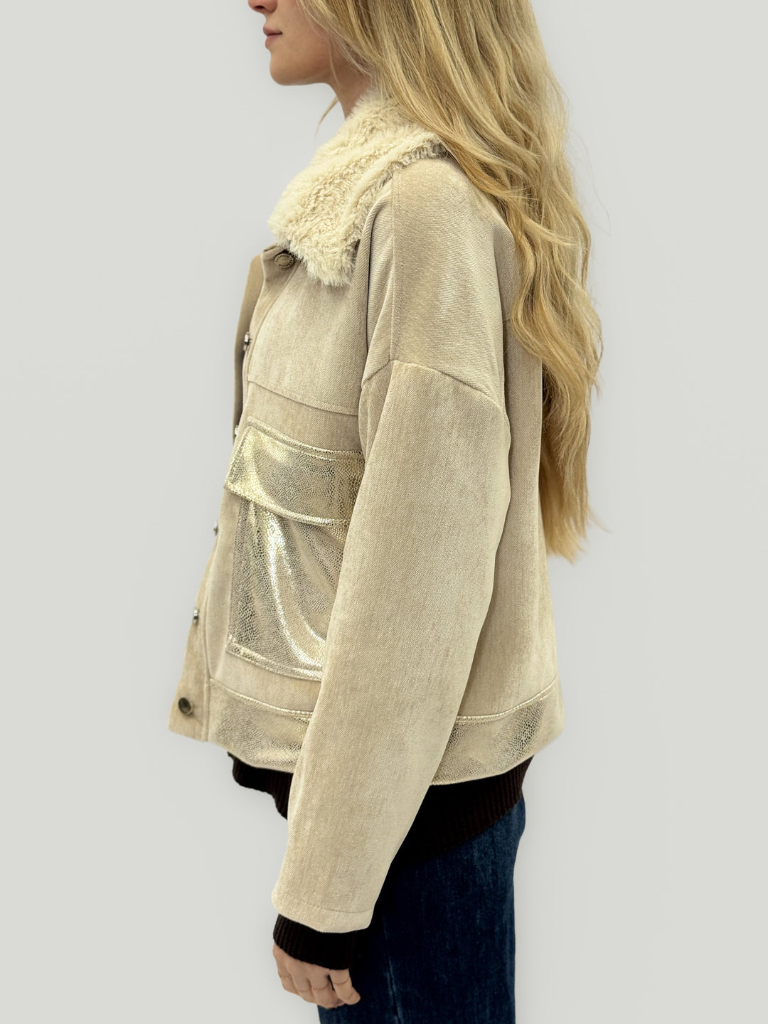 Emma & Rose Cape Town Phaedra brown jacket with soft luxurious fabrics and bold gold pocket detailing.